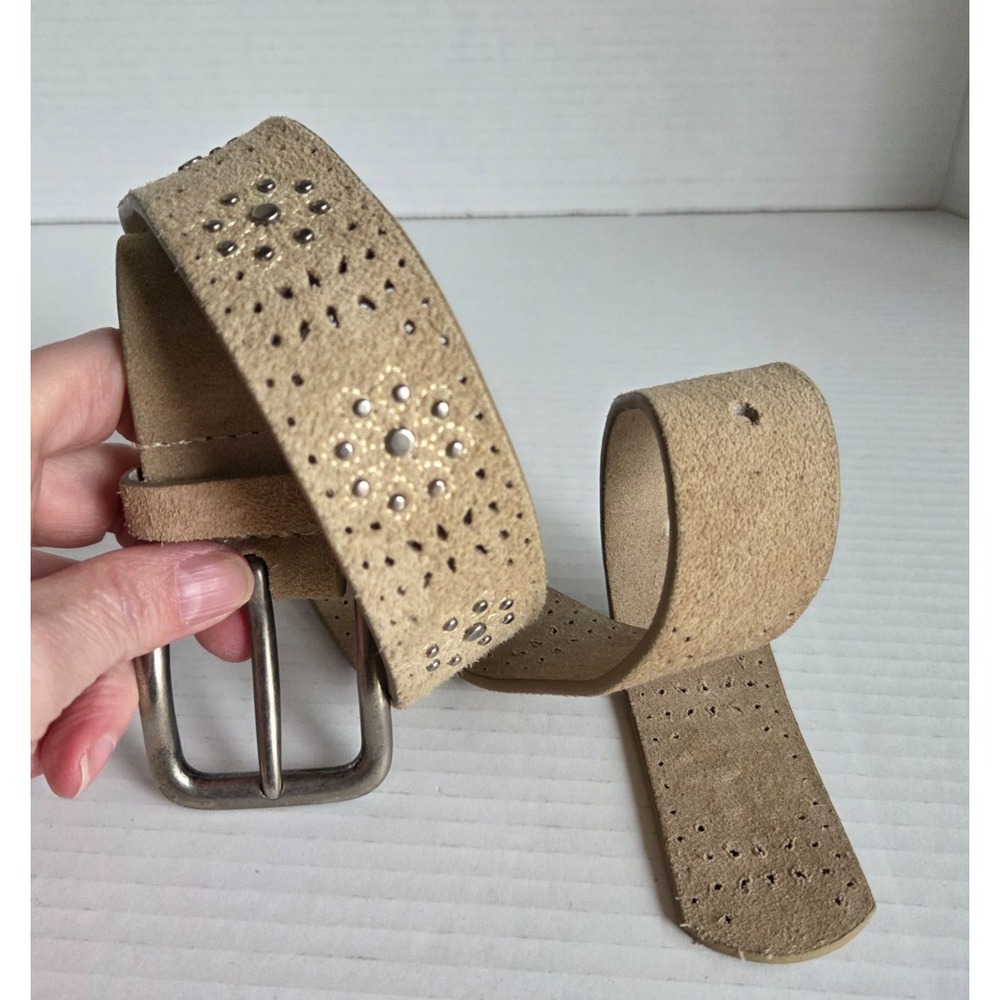 Genuine Leather Suede Beige Tan Womens Belt Studded Floral Cut out 35" 1.5" wide